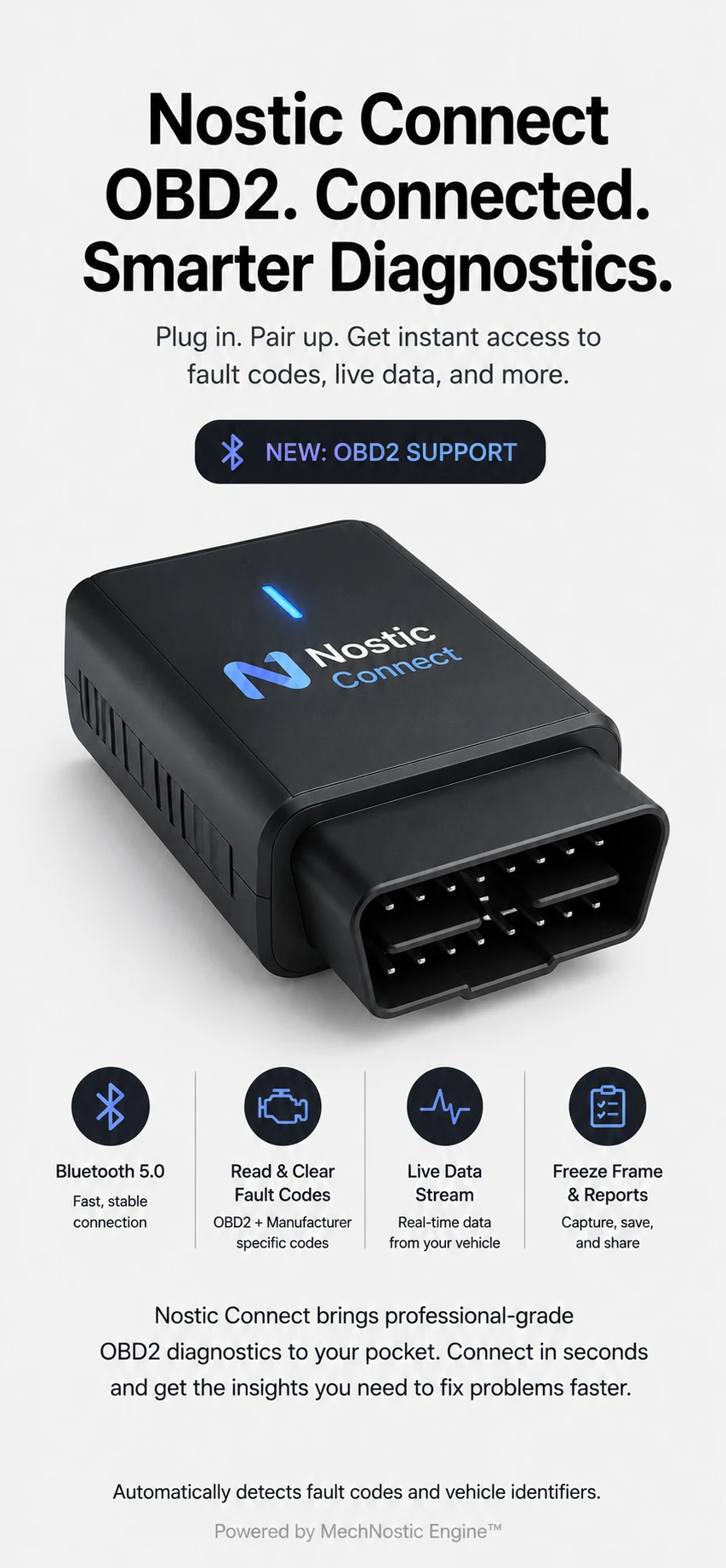 Nostic Connect OBD2 adapter — read and clear fault codes and stream live data over Bluetooth