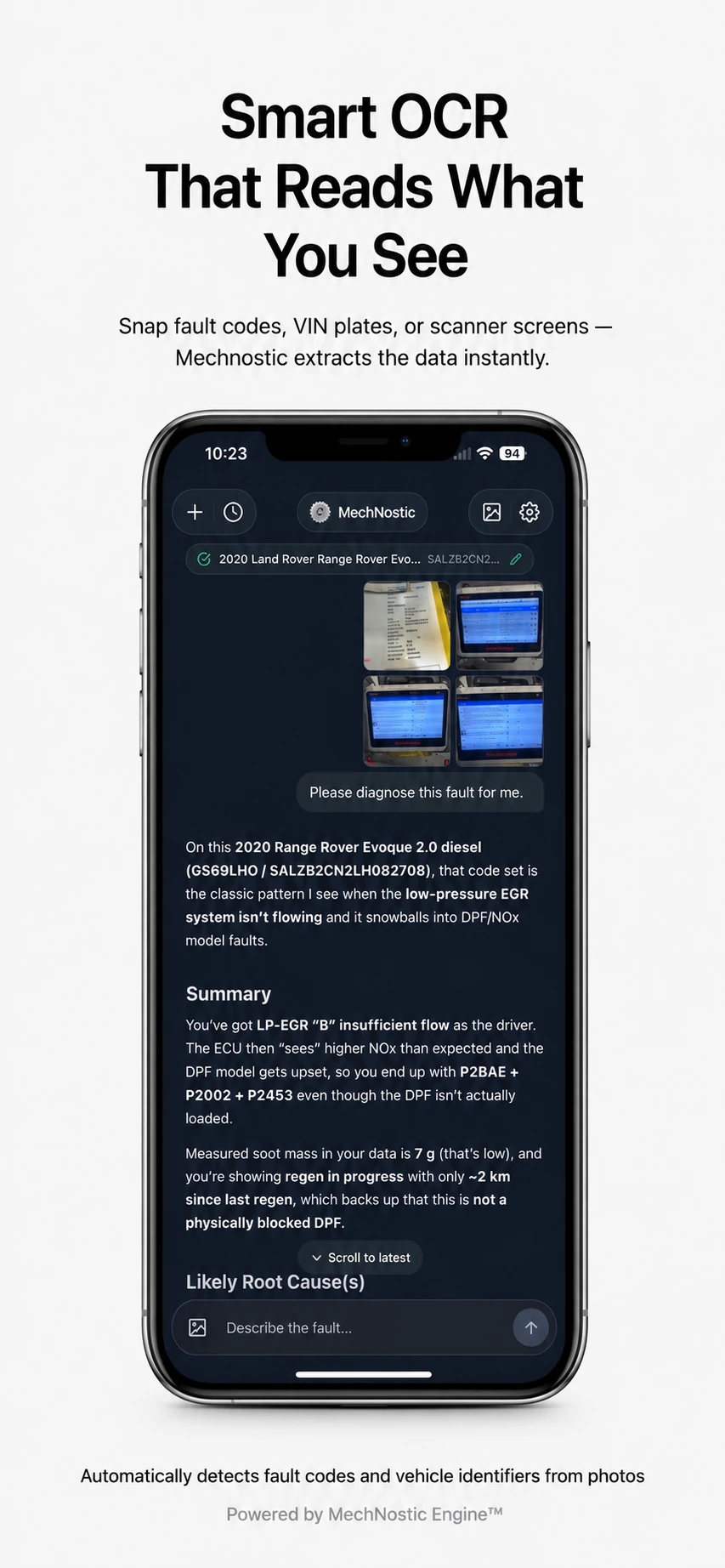Snap fault codes, VIN plates or scanner screens and MechNostic extracts the data instantly